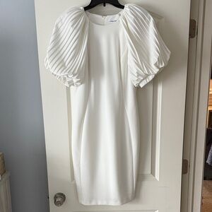 Calvin Klein White Long Sleeve Dress with Pleated Shoulders